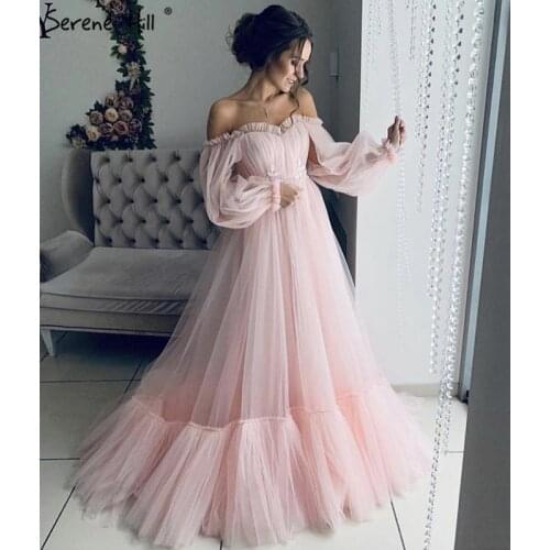 2020 Pink Simple Sexy Fashion Evening Dresses Long Sleeves Tulle Photography Evening Gowns Serene Hill HA2215