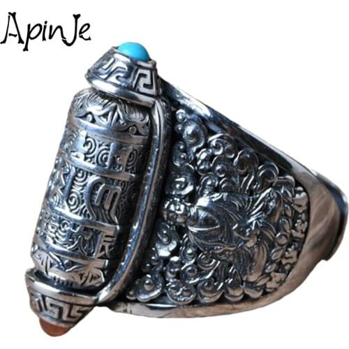 Apinje Thai Silver 925 Sterling Silver Six Words Mantra Rotatable Ring for Men Vintage Style FIne Jewelry
