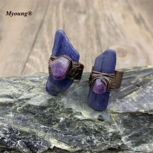 Bronze Amethysts Druzy Paved Wiring Natural Blue Kyanite Vintage Rings,Boho Healing Irregular Stone Open Ring MY210723