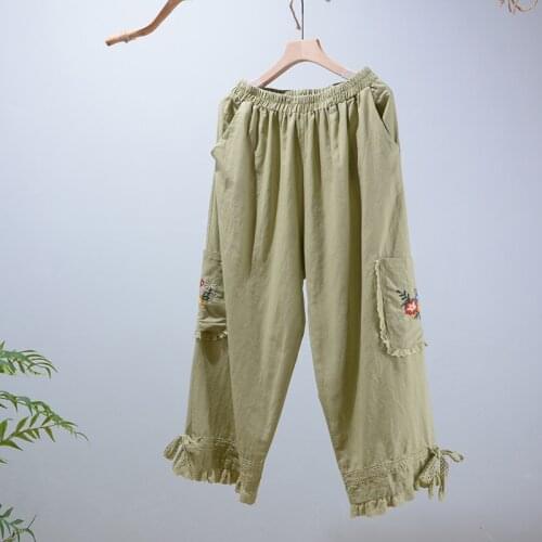 Japan Style Mori Girl Pocket Embroidered Casual Pants Loose Cotton linen Elastic Waist Cropped wide-leg Pants