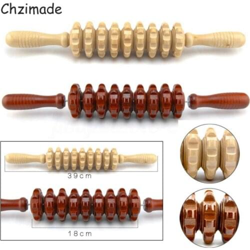 Chzimade Wood Trigger Point Stick Masage 9 Wheels Wooden Handheld Fat Burn Body Massager For Health Care Wood Therapy Crafts