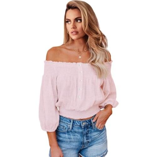Amazon Summer 2021 Fashion Off Shoulder Off Back Lantern Sleeve Womens Top Black Green Pink White Slash Neck Tops