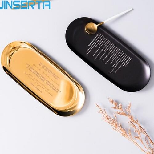 JINSERTA Metal Storage Tray Gold Jewelry Display Tray Black Oval Fruit Dessert Cake Plate Vogue Letter Print Home Desktop Decor