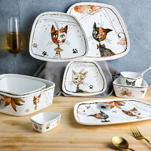 Cute Cartoon Cat Ceramic Tableware Household Soup Noodle Bowls Fruit Steak Food Plate Dishes Creative Porcelain Dinnerware SetWF