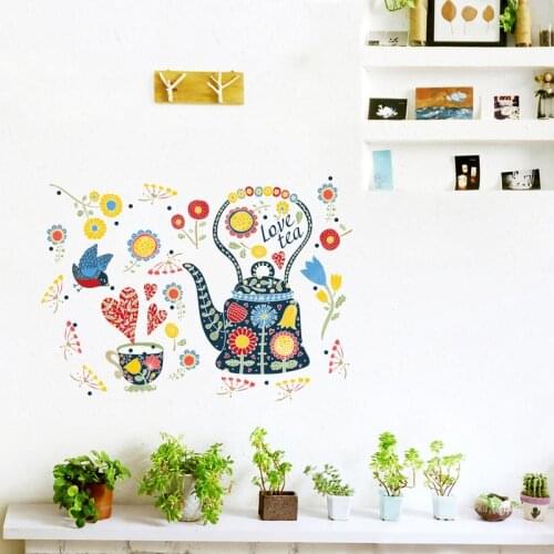 Multi-colored flower teapot Wall Sticker Art Living room bedroom glass window decoration Home Decor Gift High Quality Stickers