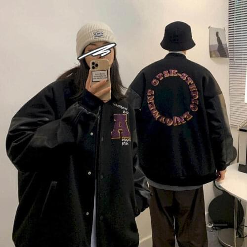 Men women‘s Baseball uniform jacket autumn Hong Kong style Korean letter embroidery coat loose stitching thicken lovers jacket