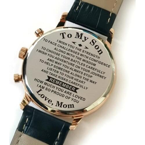 K4500-6 Mom To My Son Calendar 24-hours Seconds Dail Analog Men Watches Luxury Fashion Leisure 30m Waterproof Engraved Watches