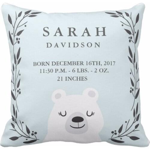 Custom Woodland Forest Birth Stats - Bear Baby Nursery Throw Pillow Cover Decorative Cotton Polyester Cushion Covers Baby Gift