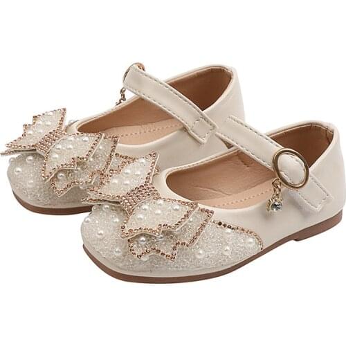 2021 Summer New Childrens Leather Shoes Baby Pearl Casual Soft Sole Dance Girls Performance Shoes Bow-knot Sweet Sequined Cute