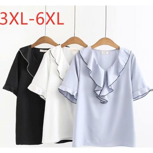 New 2021 summer Korea plus size tops for women large loose casual short sleeve black white blue ruffle T-shirt 3XL 4XL 5XL 6XL