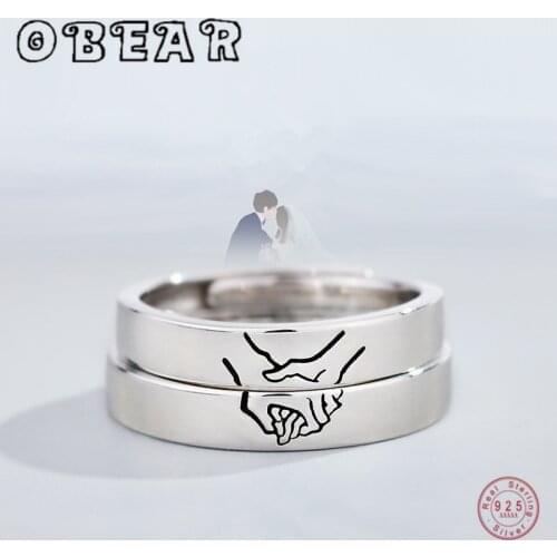 OBEAR 100% 925 Sterling Silver Hold Your Hand Couple Rings For Women Men Resizable Symbol Love Wedding Jewelry Gifts