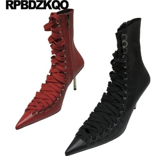 Genuine leather zipper scarpin famous lace up pointed toe shoes brand size 4 34 high heels red 2019 spring fashion women pumps