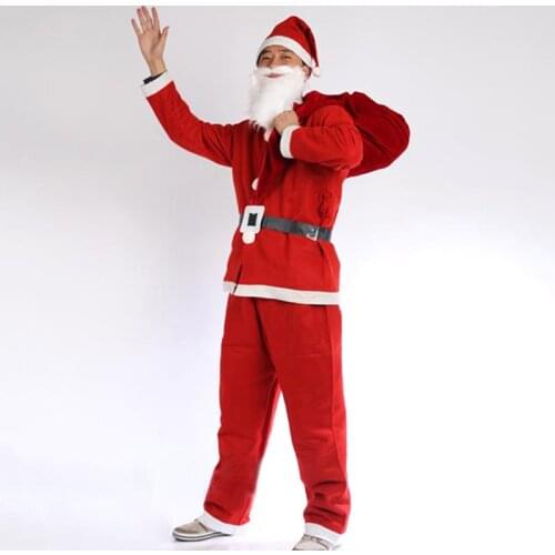 Wholesale/Retail Red Men Santa Claus Costumes Christmas Clothes Male Holloween Cosplay Xmas Suit With Top Belt Beard Hat Pants