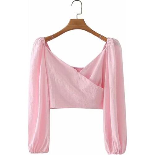 Long sleeve sexy elastic blouse women summer v neck crop top beach slim short blouse shirt