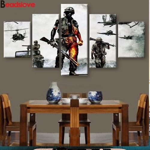 Full Square Diamond Painting 5 Pieces Army Soldiers In Battle 5d Diy Rhinestones Pictures Diamond Embroidery Hobbies And Crafts