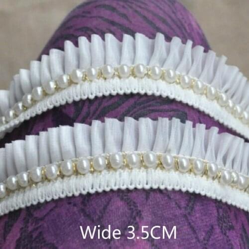 3.5CM Wide Luxury Pleated Chiffon Pearls Lace Collar Applique Ruffle Trim Ribbon DIY Crafts Sewing Curtain Dress Fringe Decor