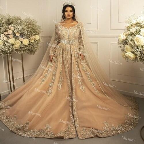 Luxury Gold Kaftan Morrocan Wedding Dresses With Appliques Vintage Long Sleeve Muslim Arabian Wedding Gowns 2021 Princess Bride