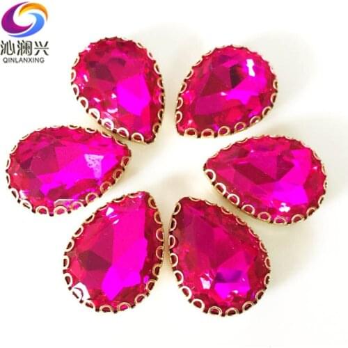 Rose red color Drop shape top glass crystal lace claw rhinestones,golden base sew on stone for Diy/Clothing accessories HGS10