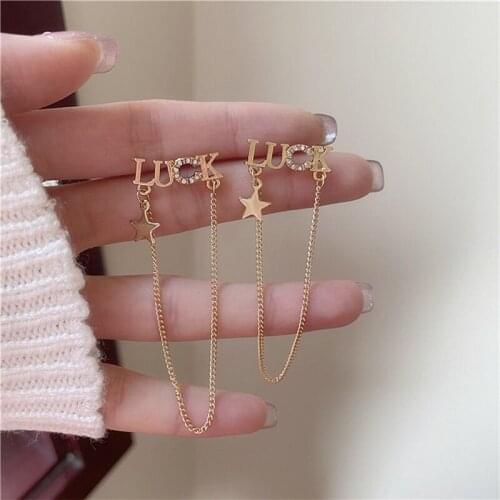 S925 needle tassel pentagon star chain earrings gold advanced sense earrings light luxury clip no piercings for women