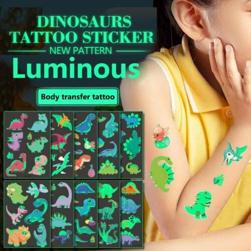 Luminous Tattoo Stickers for Child Kids Cute Dinosaur Pattern Waterproof Fake Tattoo Childrens Body Transfer Tattoos Boys Girls