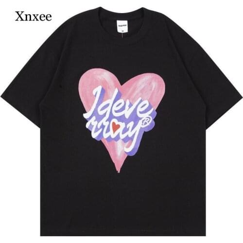 Unisex Summer Men Short Sleeve t Shirts Hip Hop Heart Letter Print 2021 Streetwear Harajuku Casual Women Cotton Loose Top Tees