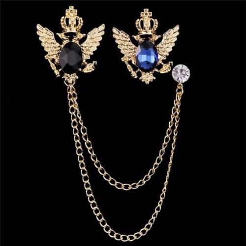 Vintage King Tassel Brooches Pins Gold Color with Rhinestone Crystal Crown Wing Design Coat Suit Pins Accessory Wholesale 2223