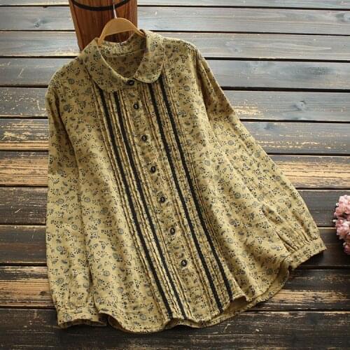 8666 New Spring Women Blouse Japan Style Literary Long Sleeve Loose Turndown Collar Floral Print Pleated Shirt
