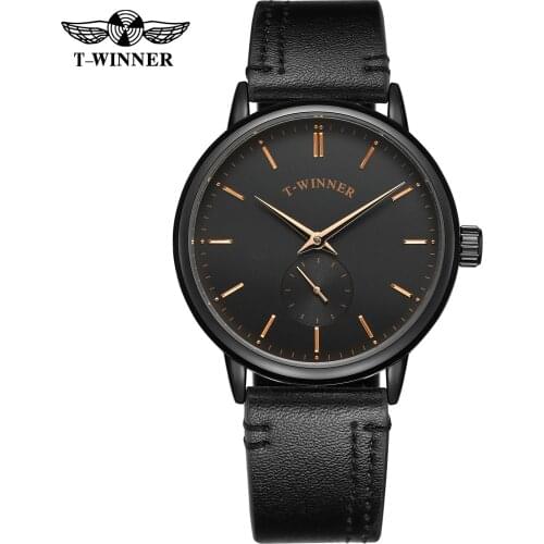 T-WINNER Wrist watch fashion simple casual mens watch rose gold time scale black leather strap automatic mechanical watch