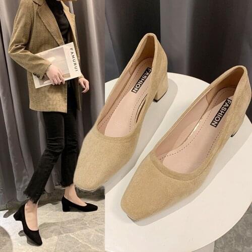 New Women Shoes Woman Pumps 2020 Autumn Spring Square Toe Thick High Heels Casual Shoes Solid Flock Suede Slip on Shallow Shoes