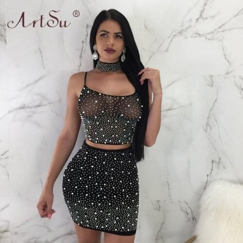 ArtSu Sexy Black Club Wear 3 Piece Set Women Choker Halter Bandage Crop Top And Skirt Pearl Beading Mesh Outfits Matching Sets