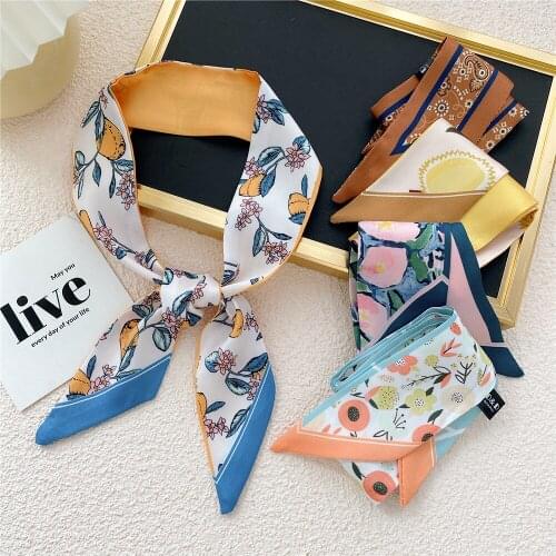 Ladies Silk Scarf For Women Fashion Cute Flower Printed Handle Bag Ribbons Brand Fashion Head Scarf Small Long Skinny Scarves