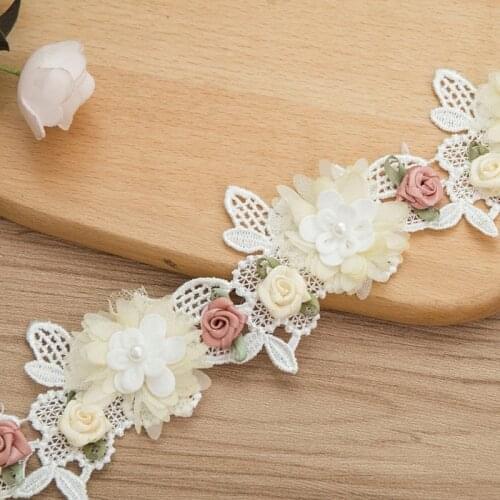 1 Yard Rose Flower Embroidery Lace Trim Ribbon Pearl Beaded DIY Sewing Applique