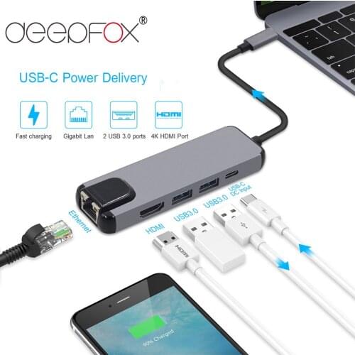 DeepFox Type C Ethernet Adapter USB Hub Converter 4K HDMI USB 3.1 USB to RJ45 Lan Network Card For Macbook USB Ethernet Switch