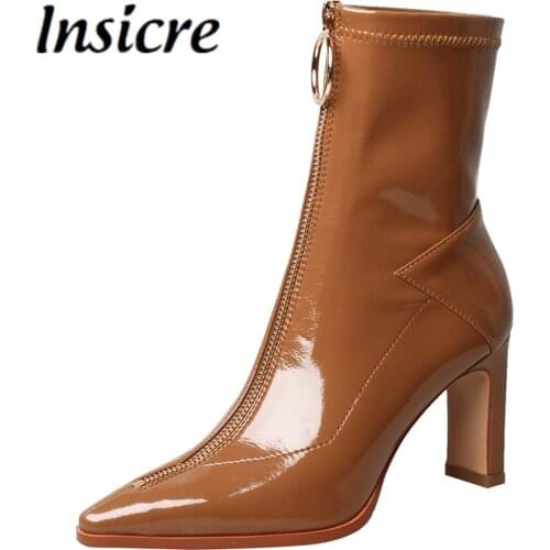 Insicre 2021 Spring Autumn High Quality Soft Patent Leather Ankle Boots Women Pointed Toe Thick Heels Fashion Ladies Party Shoes