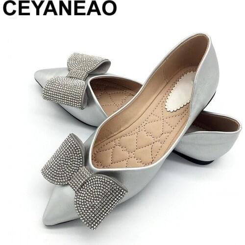 CEYANEAO New elegant womens shoes on a flat sole with silver crystal bow fashionable womens shoes made of soft artificial
