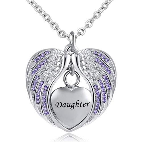 Daughter Angel Wing Urn Necklace for Ashes Cremation Memorial Stainless Steel Heart Keepsake Birthstone crystal Pendant Necklace