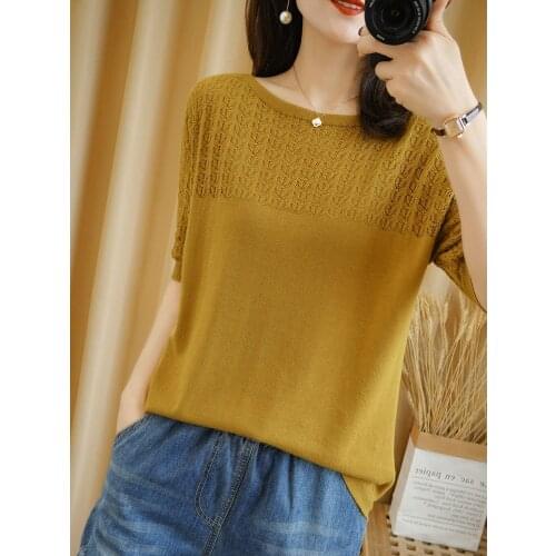 T-shirt women 2021 new summer pure cotton tops women round neck pullover short-sleeved hollow knitwear plus size tees hot