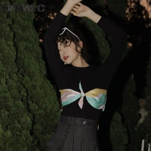 Korea Designer Long Sleeve T Shirt Women Patchwork Colorfull Corselet Black Tight Tee Shirt 2020 Spring Fashion V011