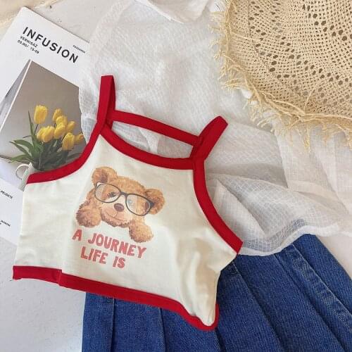 Summer Baby Girls Tank Top Suspender Top Korean Cartoon Bear Vest Fashion Camisole Slim Toddler Crop Tops Shirt 2 To 10 Yrs