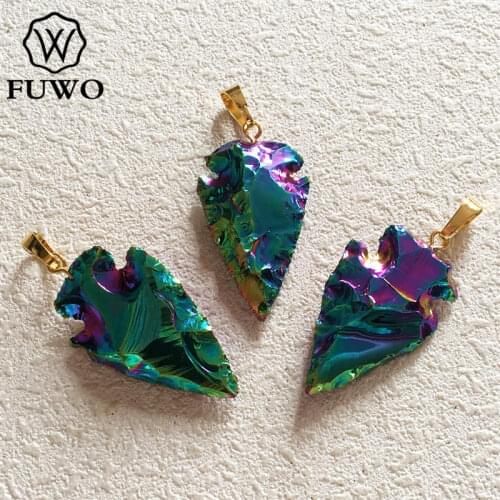 FUWO Fashion Titanium Agates Arrowhead Pendant Gorgeous Rainbow Aura Quartz Jewelry Wholesale 5 pieces / lot PD223