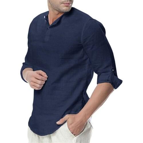 Men Shirt Solid Color Cotton Blend Loose Streetwear Long Sleeve Stand Collar Top Long Sleeve, Stand Collar Casual Shirts Tops