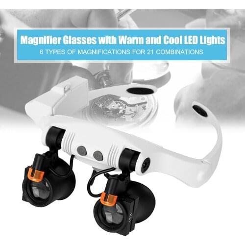 Headband Magnifier Eye Loupes Eyeglass Style Hands-Free Magnifying Glass Multiple Magnifications with Warm and Cool LED Lights