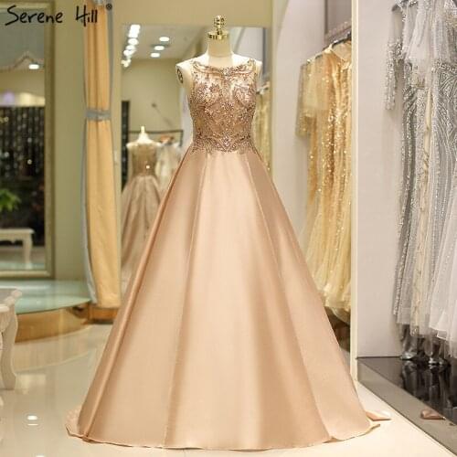 Dubai Design Peach O-Neck Diamond Prom Dresses 2020 Sleeveless Satin Ball Gowns Prom Dress Serene Hill BLA6686