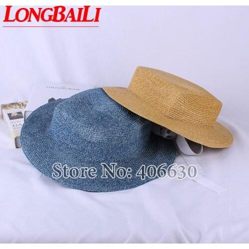 LongBaiLi Summer Wide Brim Sun Beach Hat For Women Flat Top Straw Fedora Hats Female Free Shipping SWDS073