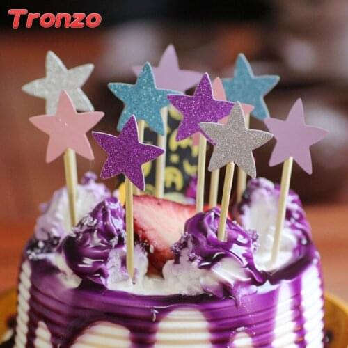 Tronzo 40Pcs/set Cute Heart Star Cake Topper Gold Silver Handmade Paper Cupcake Topper Happy Birthday Party Decoration Supplies