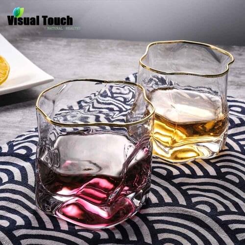 Visual Touch Irregular Glass Cup With Gold Rim Whiskey Vodka Spirits Coffee Mug Thermal Insulation Breakfast Milk Tumbler Gift