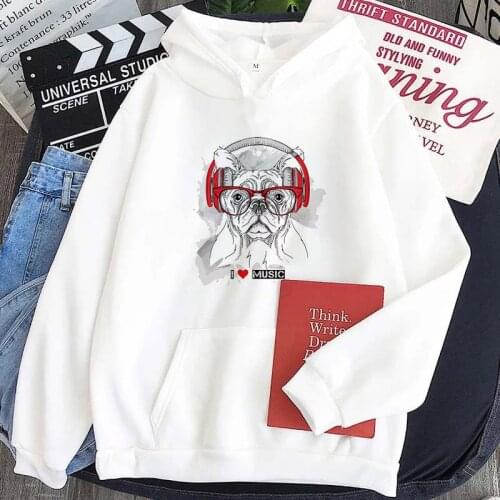 Funny Music-loving animals Print Hoodie Women White Pink Casual Sudaderas Hoodies New Fashion Harajuku Sweatshirts Pocket Hooded