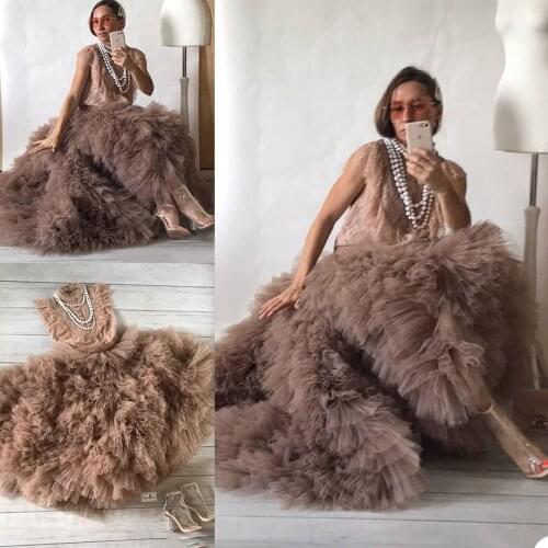 Ladies Tulle Evening Dresses Jewel Short Sleeve Robes for Photo Shoot Baby Shower Ruffle Women Photography Robe Custom Made