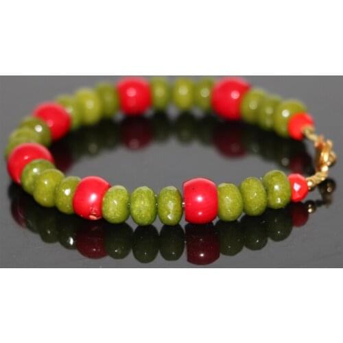 Fashion women bracelet bangles natural red coral green jades chalcedony stone 5*8mm abacus beads hot sale jewelry 7.5inch B2961