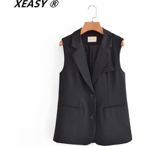 XEASY New 2021 Women Simply Sleeveless Single-Breasted Vest Jacket Office Ladies Wear Casual Suit Pockets Outwear Tops